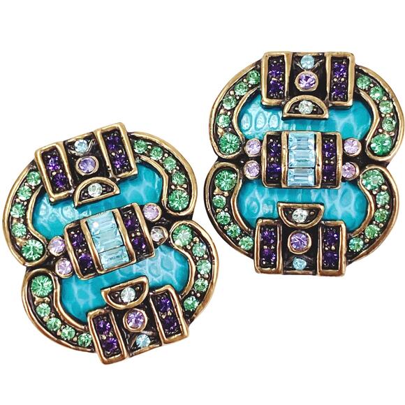 VTG Signed Heidi Daus Art Deco Revival Rhinestone Blue Clip Earrings Collectible - Picture 1 of 10